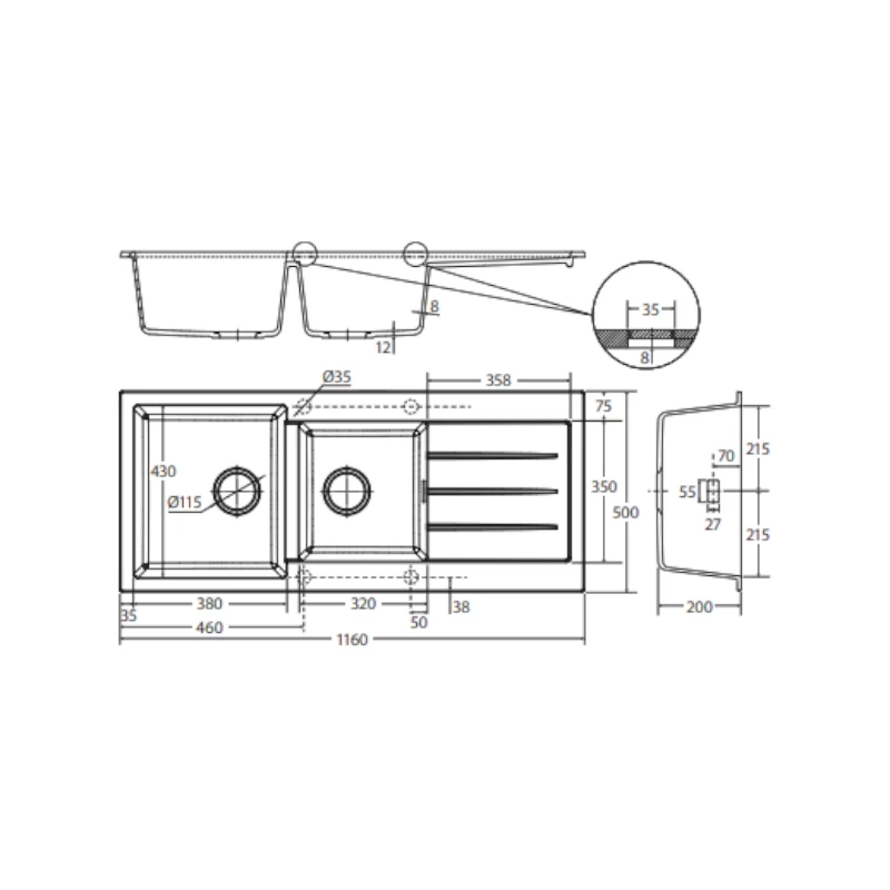 Fienza Kuro Granite Double Bowl Sink With Drainer 32L/22L 4 Fienza Kuro Granite Double Bowl Sink With Drainer 32L/22L - Image 2
