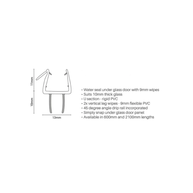 Glass Outlet PVC Under Door Seal 2100mm To Suit 10mm Glass, 9mm Fins 4 Glass Outlet PVC Under Door Seal 2100mm To Suit 10mm Glass, 9mm Fins - Image 2