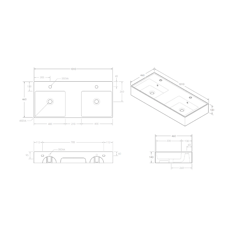 ADP Teorema 1000 Wall Hung Basin Double Bowl With 1 Tap Hole 4 ADP Teorema 1000 Wall Hung Basin Double Bowl With 1 Tap Hole - Image 2